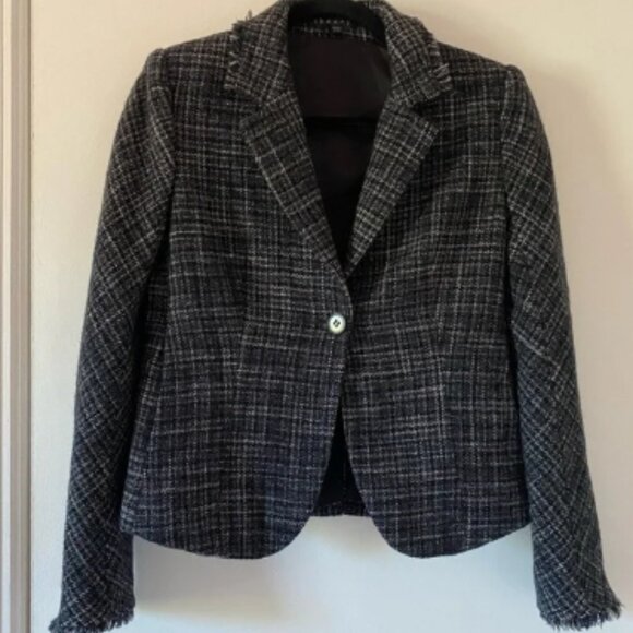 Theory Laseili Wool Fitted Blazer, Navy Grey Black Plaid Size 6 - Picture 1 of 6